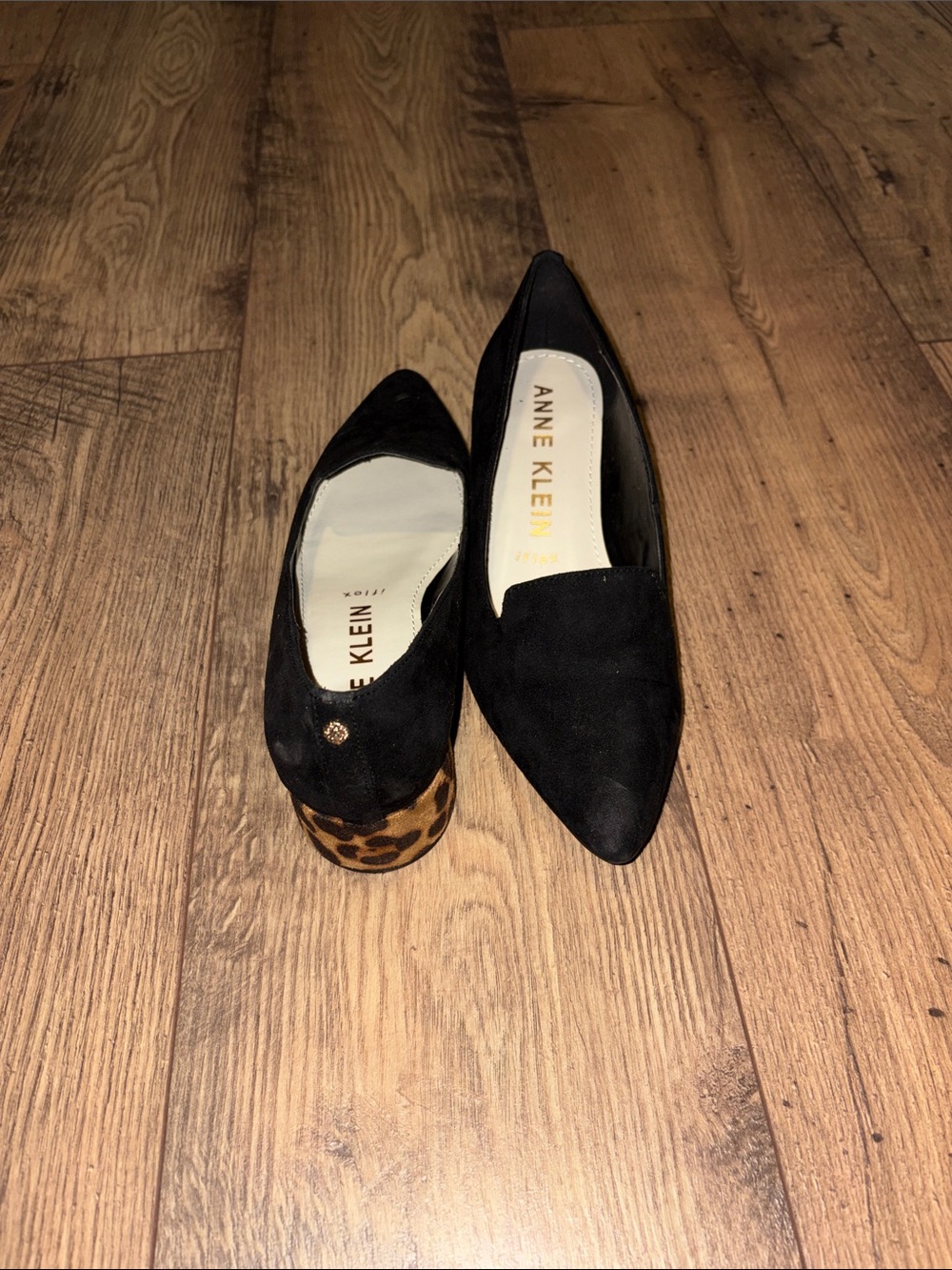 Anne Klein Akkalonie Black Suede Pointed Toe Block Heel Pumps with Leopard